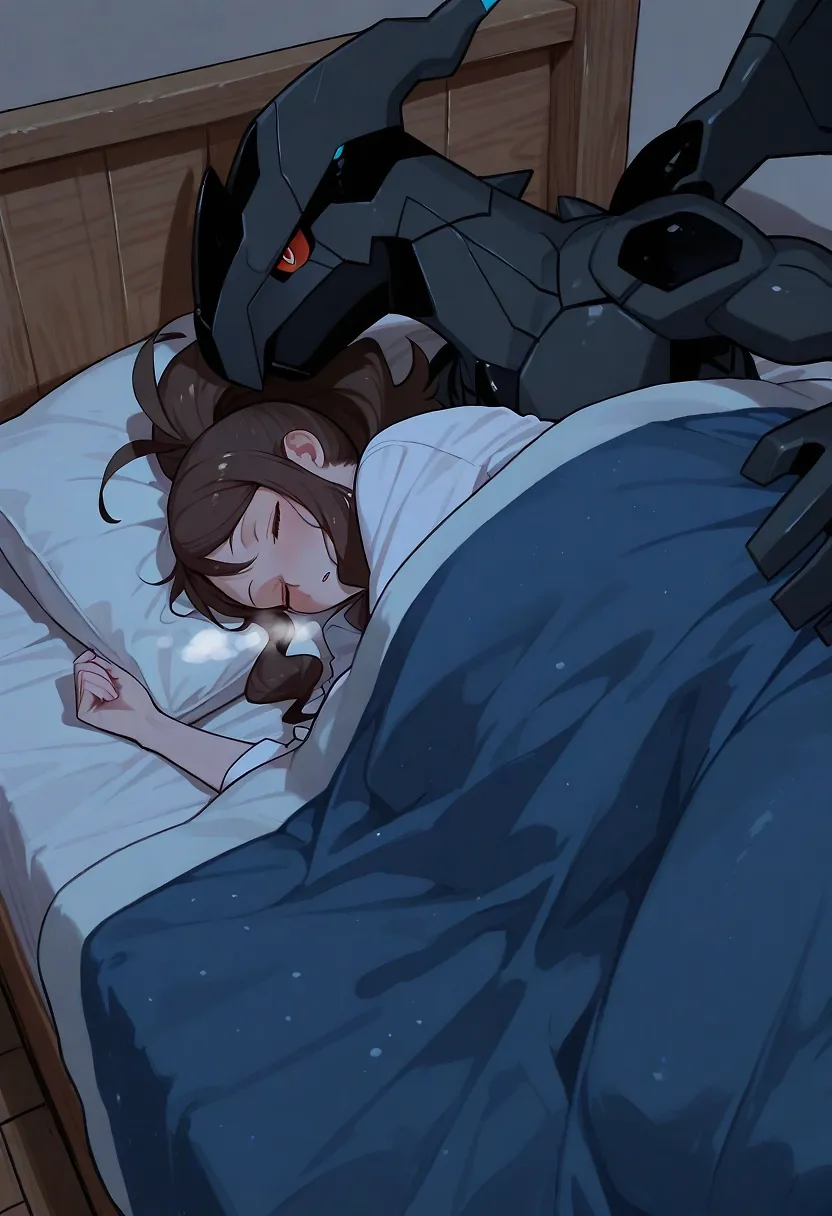 AI art "The Forbidden Embrace of the Ideal Hilda and Zekrom[PART3]" with user description "On a freezing night, Hilda shivered under her thin clothes. Zekrom slipped into bed behind her, wrapping her in his strong, electrically warm arms. His large hand slowly slid under her top, gently caressing her bare stomach before cupping and teasing her breasts, his rough thumbs circling her hardening nipples.
She melted against him, breathing shakily, then shyly removed her top. Zekrom kissed and licked her sensitive breasts while she timidly stroked his hardening length through the fabric. Their bodies pressed together in slow, heated caresses and hesitant kisses until overwhelming shyness made her stop.
“I… I can’t go further tonight,” she whispered, flushed with embarrassment. Zekrom held her gently without pressure, simply cradling her until morning.
The next day, Hilda woke up still nestled against his warm chest. Slipping away to the bathroom, she discovered she was soaking wet, her folds swollen and slick from the lingering arousal of the previous night’s intimate touches. Face burning, she bit her lip as fresh heat stirred in her belly."