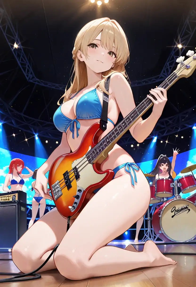 AI art 'The Surfin' Sirens' with user description 'The Surfin' Sirens, a recently formed all-girl surf band, are seen here doing a show in their Southern California hometown of Hawthorne. The band members are aware that Hawthorne was also home to The Beach Boys. The Sirens are very knowledgeable about Beach Boys lore. They also revere Brian Wilson.'