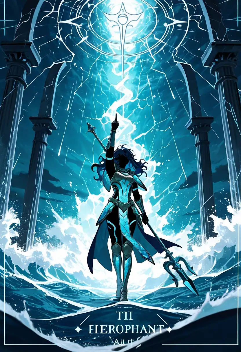 AI art 'The Hierophant' with user description 'The tyranny of faith, the sea, and the storm...'