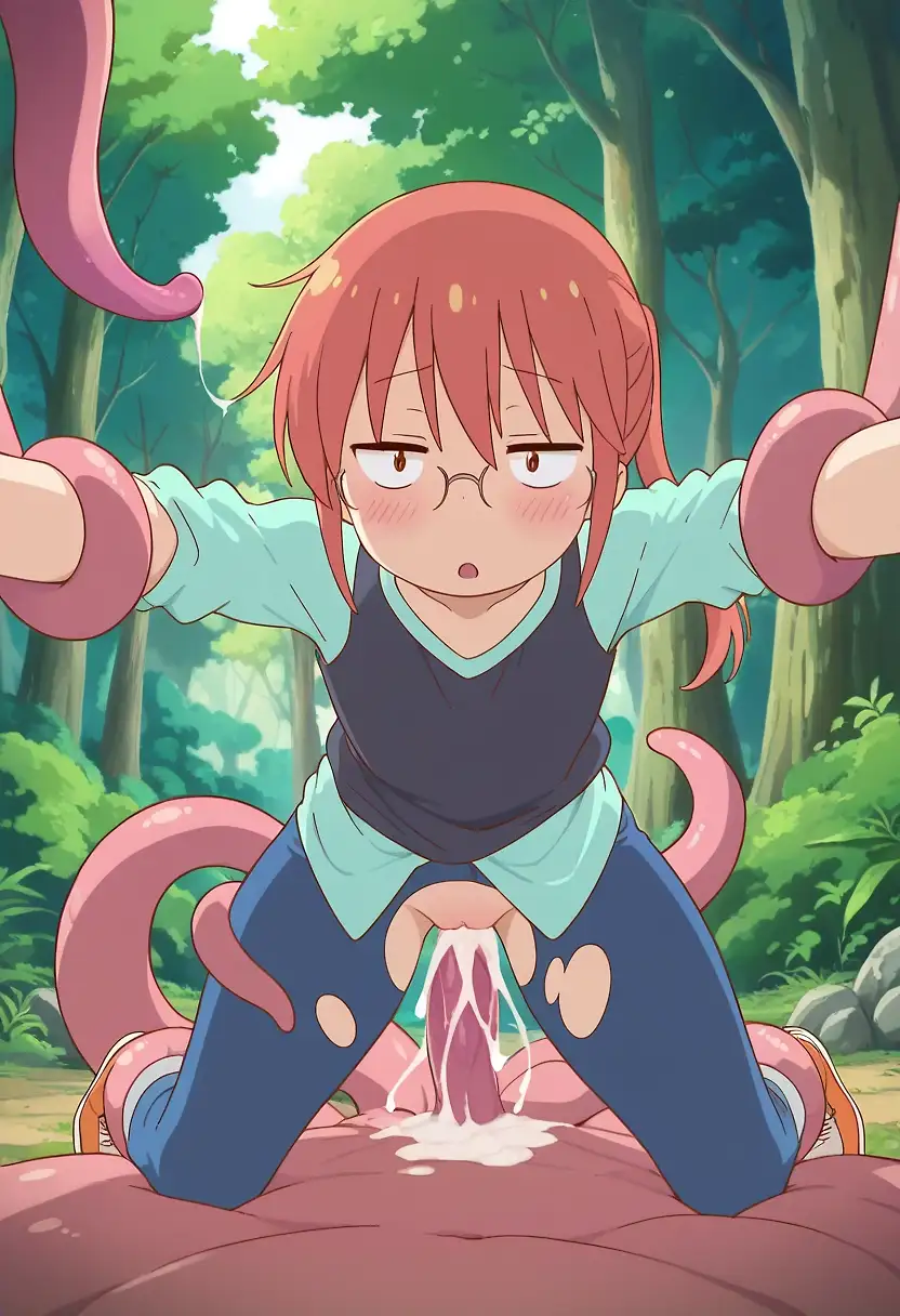 AI art 'kobayashi trys to go for a walk in the forest!!' with user description 'kobayashi trys to go for a peaceful walk through nature when she gets jump out of no where!!'