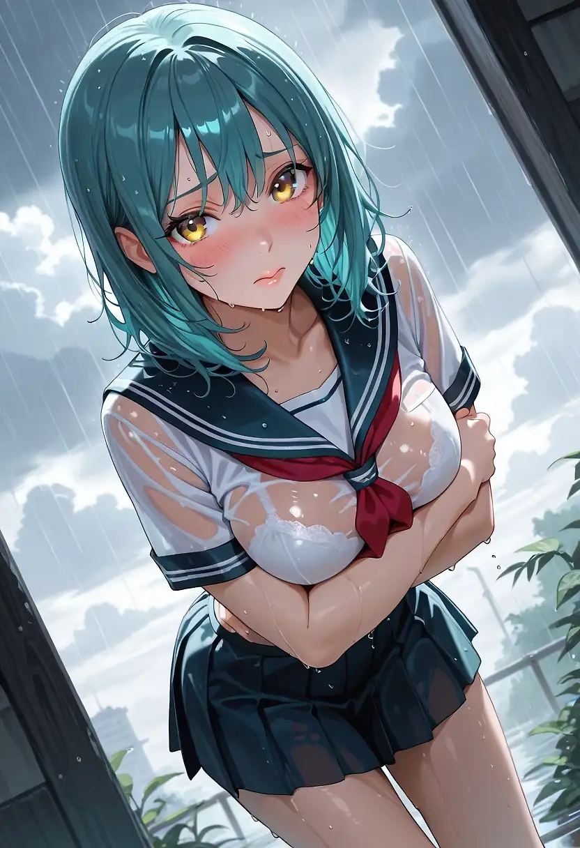 AI art 'My senpai is wet' with user description 'Caught in the rain, she went to my house for shelter...'