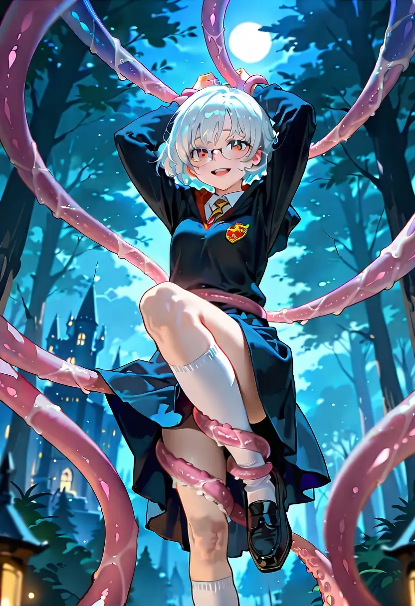 AI art 'Caltine Enters The Forbidden Forest' with user description '@warmicestudios @peterco @gildenstein @cef_ultra @reptorn  @terror2 @barry915 @casca_kirei-onna @onlyyouprod, @smut317 @parda, @bad77 @kendarfulgrim @murcie, @a_casual_prompter, @zesoul, @ririfake, 

How could I not join in on a potter theme'