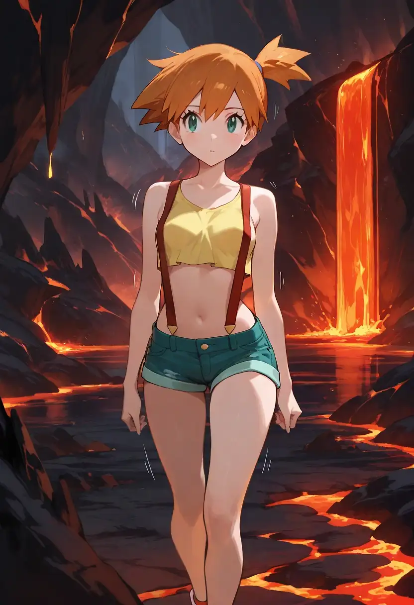 AI art 'Misty Adventures - 004' with user description 'Misty has decided to catch all the pokemon like sasha is doing, but in her own way ...
Misty has left the forest for a very different place. Indeed the next pokemon on the pokedex is charmander, but he's living in group and somewhere hot to avoid its flame to stop.
After a bit of search she found them, but the temperature is really hot there and she's sweeting so ...'