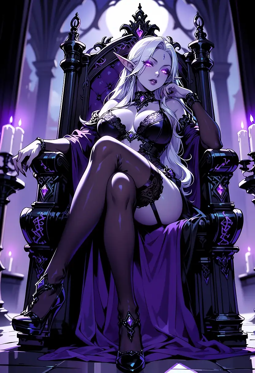 AI art 'Dark Elf on a throne' with user description 'The throne room was silent except for the faint crackle of violet flames burning within iron braziers.

Upon an obsidian throne sat the Dark Elf Queen.

She appeared carved from moonlight and shadow, her midnight skin contrasting against the silver filigree woven through her regal attire. A crown of black crystal rested upon her brow, while long white hair cascaded over her shoulders like flowing silk.

She ruled without raising her voice.

She never needed to.

Nobles, warriors, and sorcerers alike stood in respectful silence as she surveyed her court. Her crimson eyes moved slowly across the gathered crowd, confident and unreadable.

Yet there was something dangerous beneath her elegance.

A subtle smile.

A knowing glance.

The effortless way she rested her chin against one hand while listening to those who sought her favor.

Many had crossed oceans hoping to gain an audience with her.

Few left unchanged.

The queen possessed a rare gift. She understood people completely. Ambition, desire, fear, pride—she saw them all with a single look. Some found the experience unsettling.

Others found it intoxicating.

A visiting prince approached the throne, prepared to negotiate an alliance between their kingdoms.

The speech he had rehearsed for weeks vanished from his mind the moment she focused her attention upon him.

The queen smiled.

Not mockingly.

Amused.

"You've traveled very far," she said.

Her voice was smooth as velvet, carrying easily throughout the chamber.

The prince managed a nod.

"I have, Your Majesty."

"And yet," she replied, leaning forward slightly, "you seem to have forgotten what you wished to say."

Soft laughter echoed among the court.

The prince felt his face warm.

The queen's smile widened only slightly.

She had defeated armies, outwitted rival monarchs, and commanded ancient magic older than most civilizations.

Yet her greatest weapon remained her presence.

She never demanded attention.

She simply possessed it.

As the evening continued, diplomats, nobles, and generals found themselves drawn toward her throne. Some sought wisdom. Others sought influence.

Many simply wished to remain in her orbit a little longer.

The Dark Elf Queen welcomed them all with the same poised confidence.

Elegant.

Mysterious.

Unreachable.

And perhaps that was what made her so captivating.

For beneath the crown and power, behind every smile and measured word, lingered the promise of secrets that only the worthy would ever discover.'