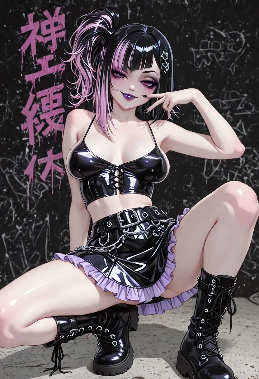 AI art for prompt: "1girl, large perky breasts apart, makeup, pastel goth fashion style, frilled skirt, loose cropped camisole, asymmetric hair, multicolored hair, come hither, leather belts, knee-high Combat boots metal accents, covered nipples, naughty face, sexy pose, revealing clothes, creative pose, midriff"