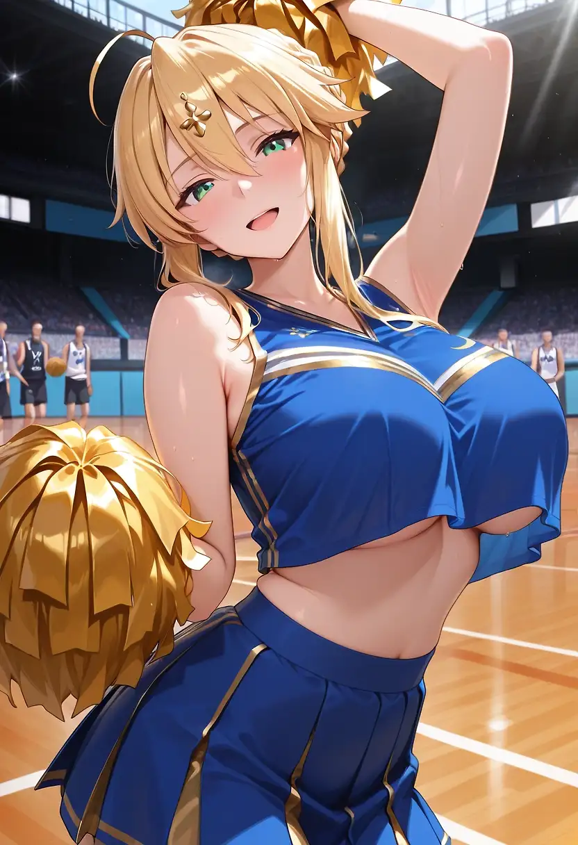 AI art 'Cheerleading with Artoria...' with user description 'Artoria is cheering on the basketball team and should be boosting their performance....
but they seem to be distracted instead, focusing not on the basketball, but on some other bouncing objects!!!'