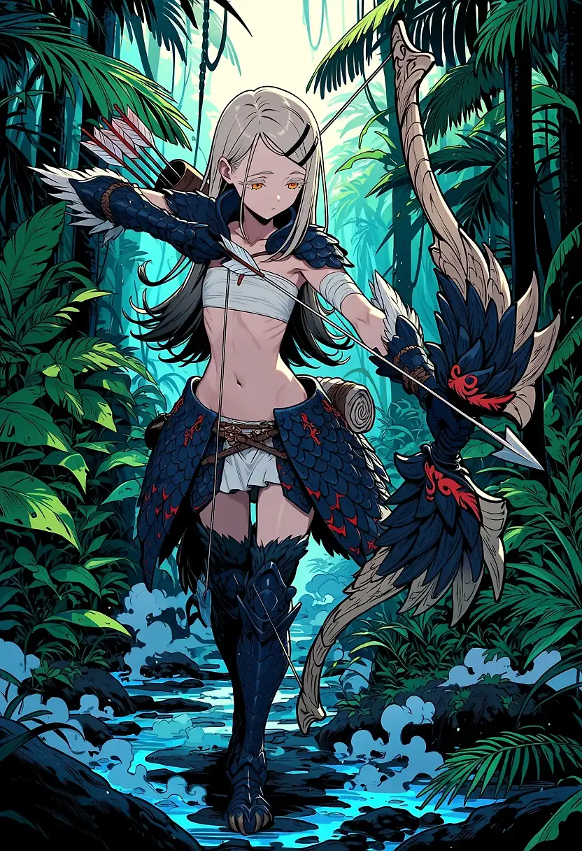 AI art 'Hiro, The Ruthless Huntress' with user description 'ich bin getroffen worden.'