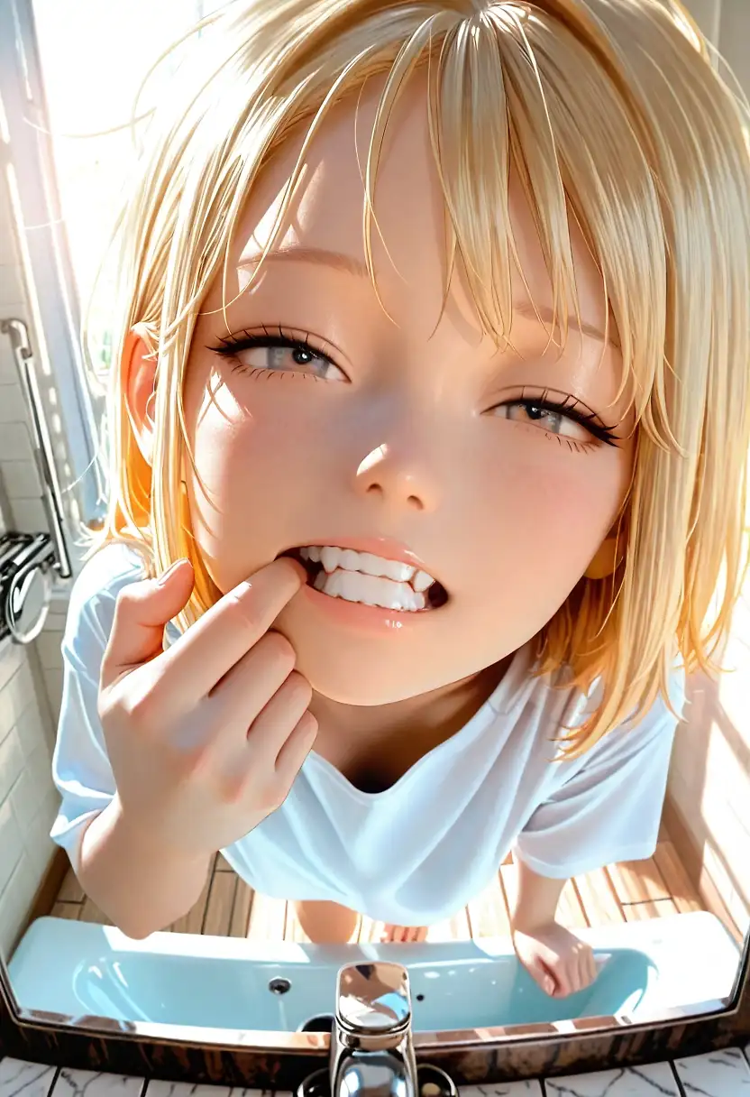 AI art 'Teeth Inspection' with user description '*Making sure my teeth are over the top clean just in case I see a cute guy today...*'