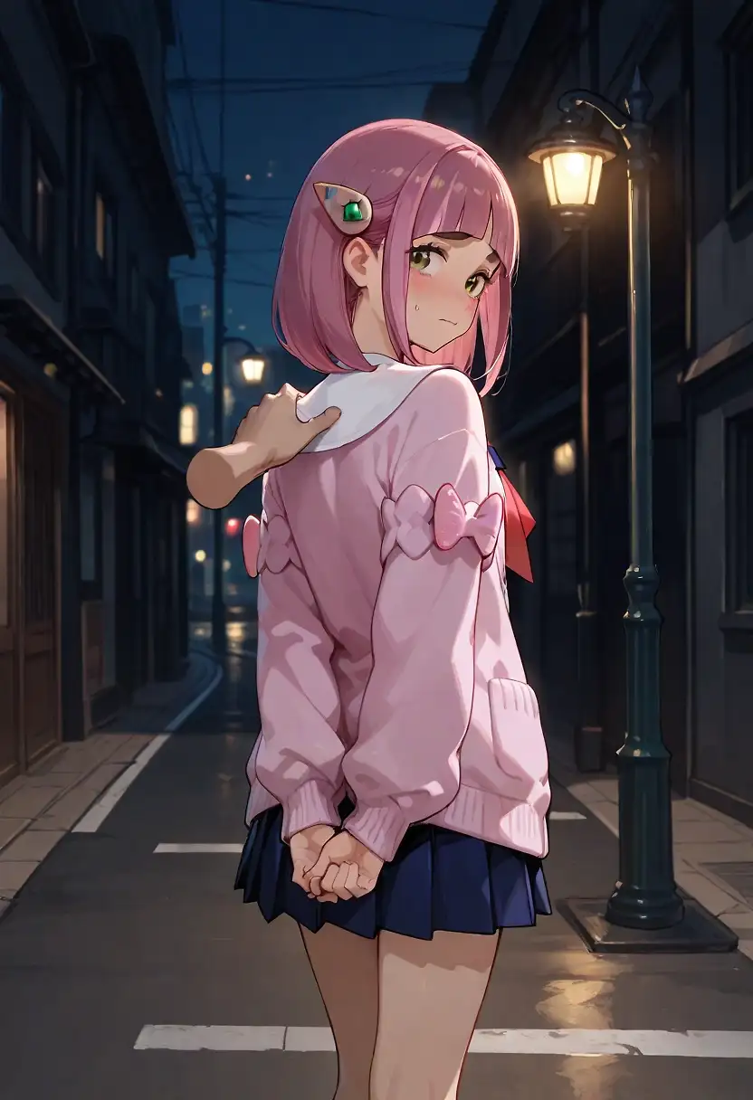 AI art 'Lacey gets a makeover from pervert' with user description 'Initially startled, Lacey realized how she could get the one accessory she was missing to tie her cute outfit together. Pushing the pervert further allowed her to finally get the cum she desired. If only she could get such a large load each day.'