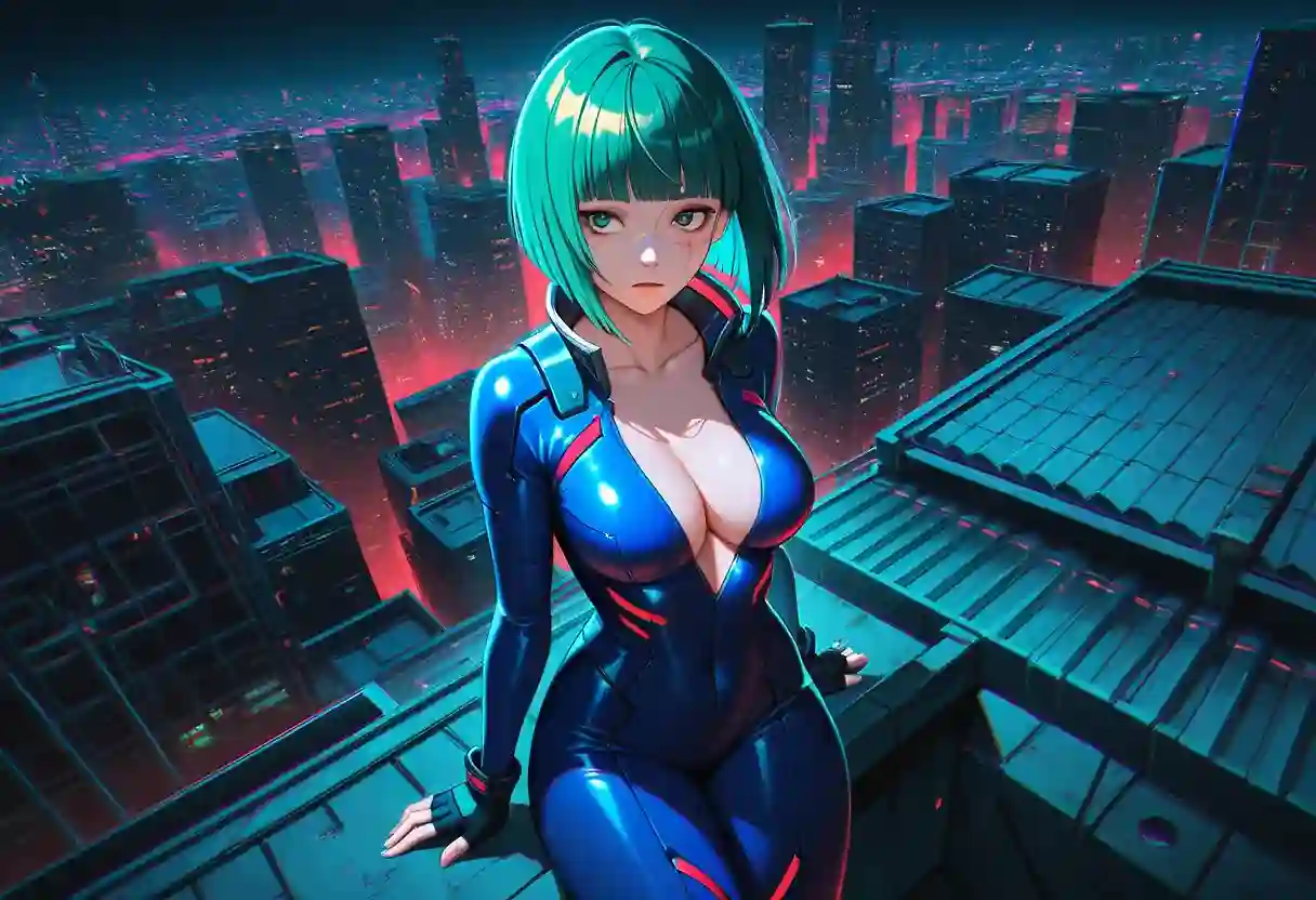 AI art for prompt: 'Masterpiece, colorful, chromatic_aberration, detailed environment, dappled moonlight, night, realistic, cyberpunk, 1girl, curvy, green hair, bob cut, blunt bangs, green eyes, face scar, medium breasts, collarbone, big eyes, emotionless, blue bodysuit, fingerless gloves, cleavage, rooftop, city, wide shot, determined'