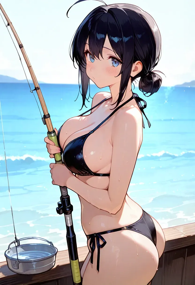 AI art "fishing" for prompt: "1girl fishing by ocean"