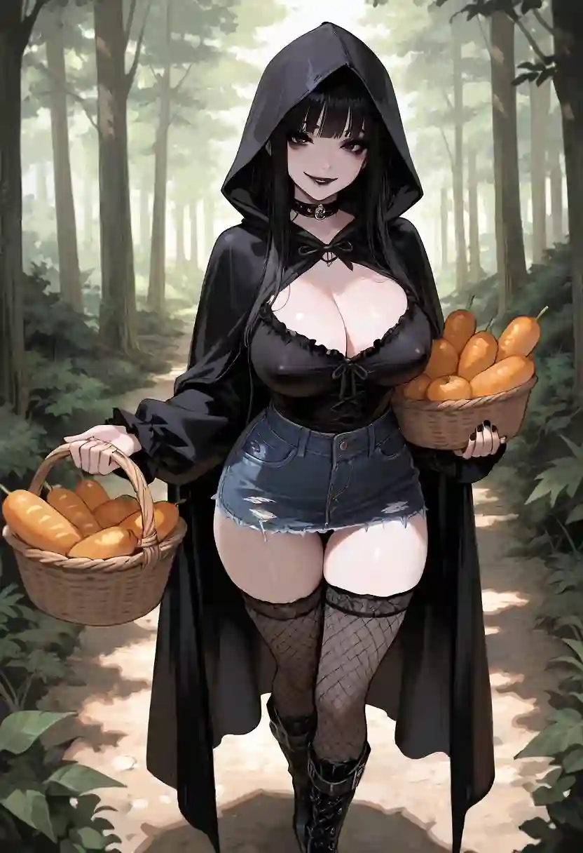 AI art 'Little Goth Riding Hood' with user description 'If you happen to be walking in the forest mid-morning, chances are good you'll encounter Little Goth Riding Hood. She'll be striding along, happy as can be, carrying goodies for her Nana. While it's true that wolves roam the forest, they're never a problem for our goth girl. "One time, there was a wolf hassling me as I was going to Nana's house. Kept pestering me with stupid questions about my goodies for Nana. When I got to Nana's house, she saw what was going on. She kicked that wolf's ass but good."'