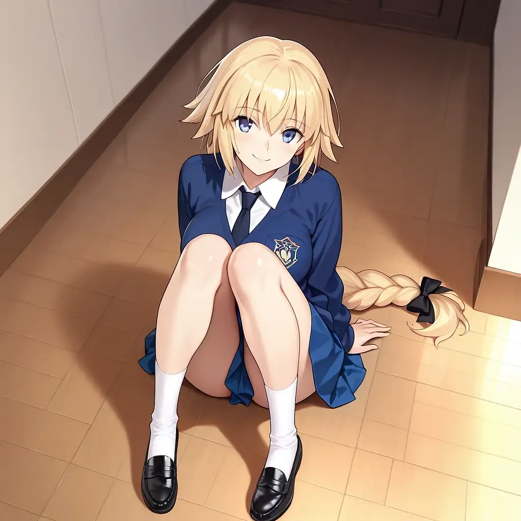 AI art 'Sitting on school floor' with user description 'Jeanne d'Arc with St. Gloriana School Uniform sitting on school floor'