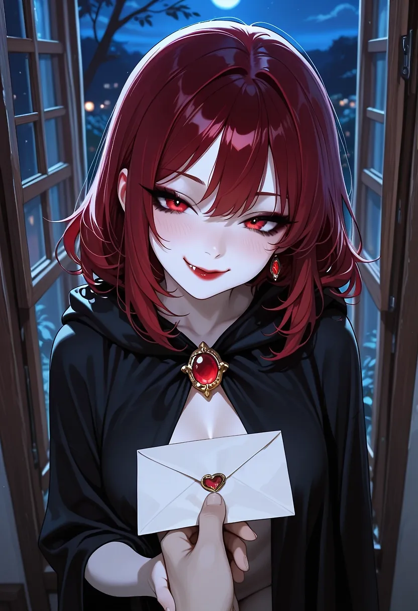 AI art "A Date With Yulie" with user description "Today’s date partner is the elegant and mysterious Yulie.  Rumors abound in the city about shadowy figures moving across rooftops and the bodies of wanted men found bloody and mangled in dark alleyways.  You thought they were just stories too until you saw her for yourself.  But surely the soft spoken woman before you now couldn’t be that dangerous.

She asks you to meet her in the countryside, far from the city.  A little town where legends of vampires are still told on whispered lips when the wine begins to flow and the moon hangs high.  Is this an escape for her as well?  She seems to know these streets, plotting each step the evening as if you were merely an accessory.  Only the night will tell what she’s really plotting."