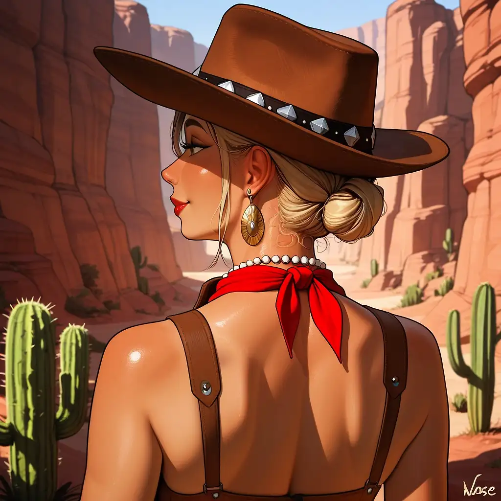 AI art 'Her back.' with user description 'Calamity Summer doesn't care.

-I thought I heard the shuffle of angel's feet.'