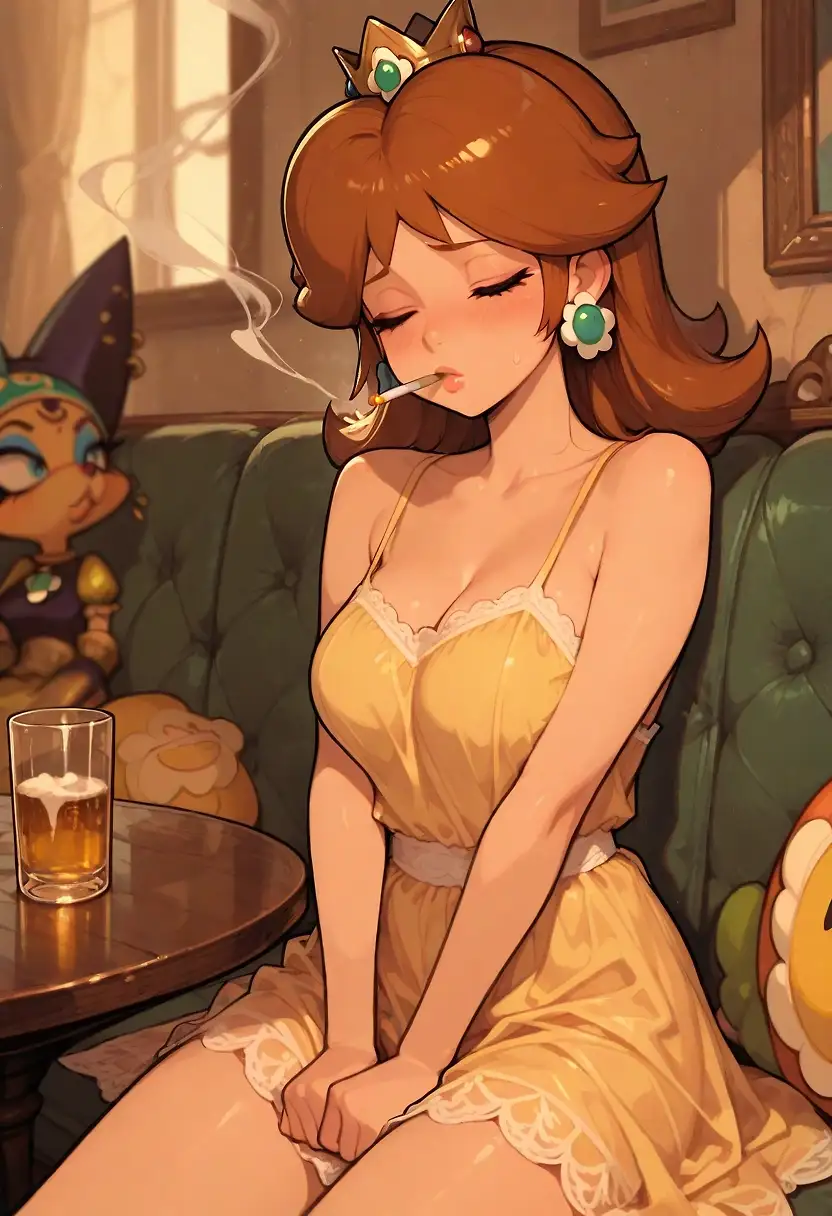 AI art 'Princess Daisy is worried about something, so she smokes and drinks to overcome that feeling.' with user description 'Which is NOT the way, Daisy! Stop it!

(what is that little character on the left corner? ahah)'