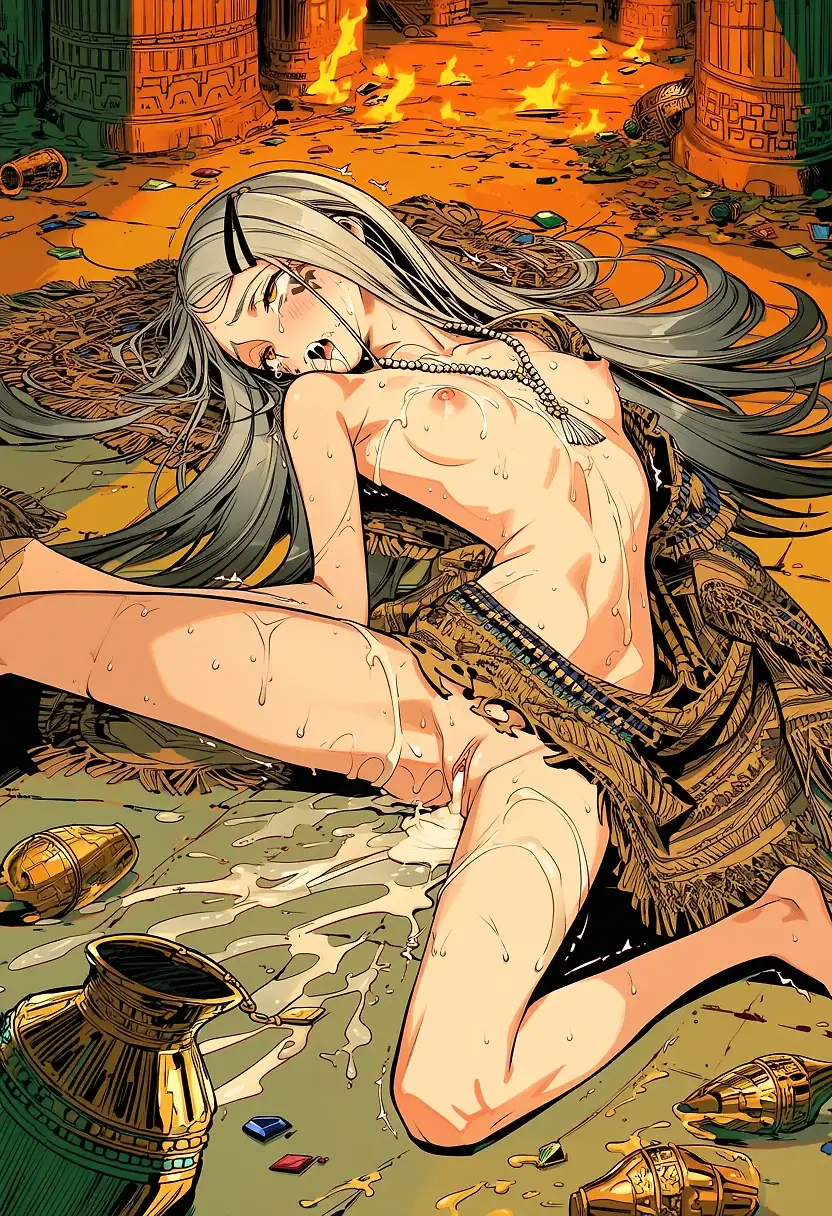 AI art 'Hiro, El Dorado: Quetzalcoatl's Whore' with user description 'ihr Gott hat sie nicht beschützt – jetzt liegt sie in den Ruinen, besudelt mit dem Sperma christlicher Eroberer.'