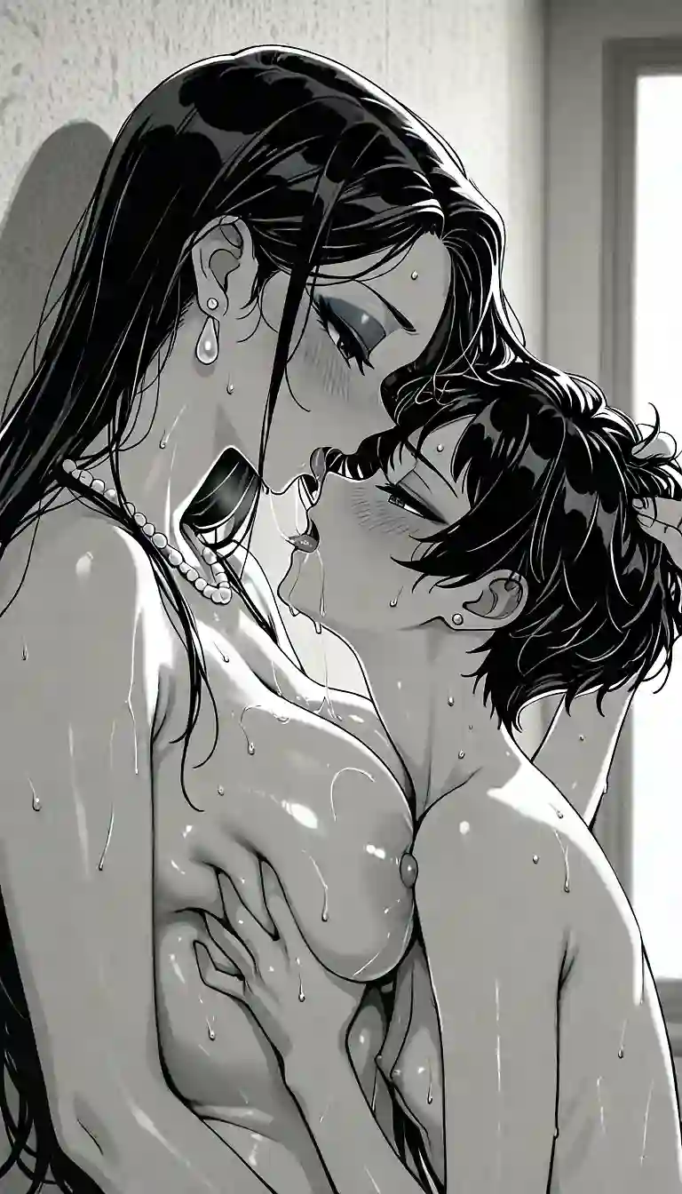 AI art 'B&w yuri' for prompt: 'Nipple, small pointy breasts, 2girls, holding other against wall grabbing hair, earrings, asymmetrical docking, large saggy breasts, sweat, nude, pearl necklace, long hair, eyeshadow, half-closed eyes, upper body, (saliva trail), yuri, height difference, pixie cut, squeezing others breasts, cunnilingus, orgasm face,'