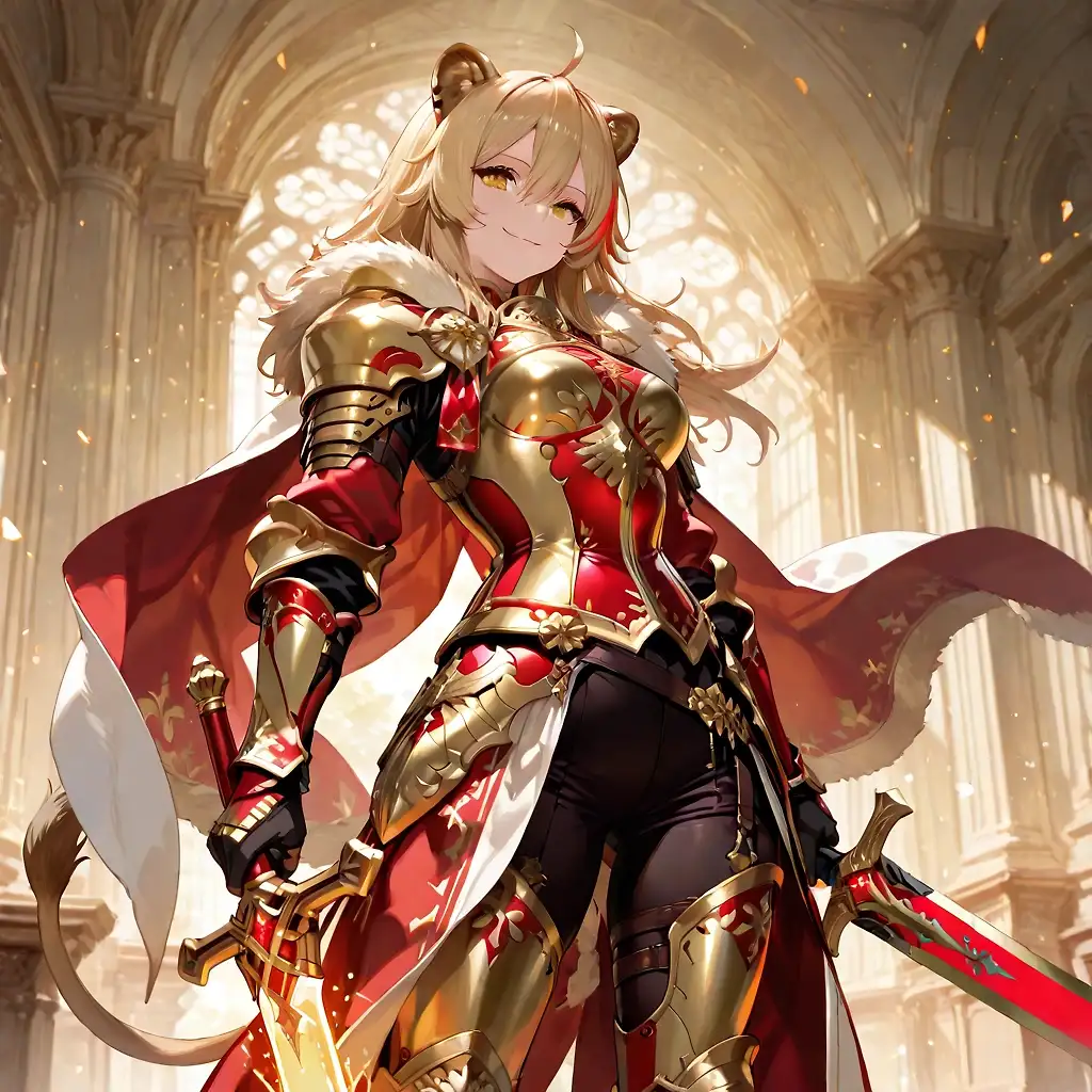 AI art 'Queen Sofia Lionheart joins Fate/ 🦁🔥' with user description 'After seeing @cro_bo’s Fate/ Stay Isla post I had to jump in 😄

I created Queen Sofia Lionheart, my lionfolk version of Richard I. the Lion.

She’s ready to conquer the Grail War (or at least cause glorious chaos).'
