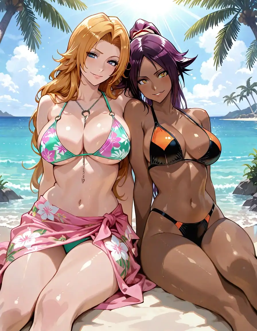 AI art 'Yoruichi x Rangiku' with user description 'Bleach at the Beach ヾ(⌐■_■)ノ♪'
