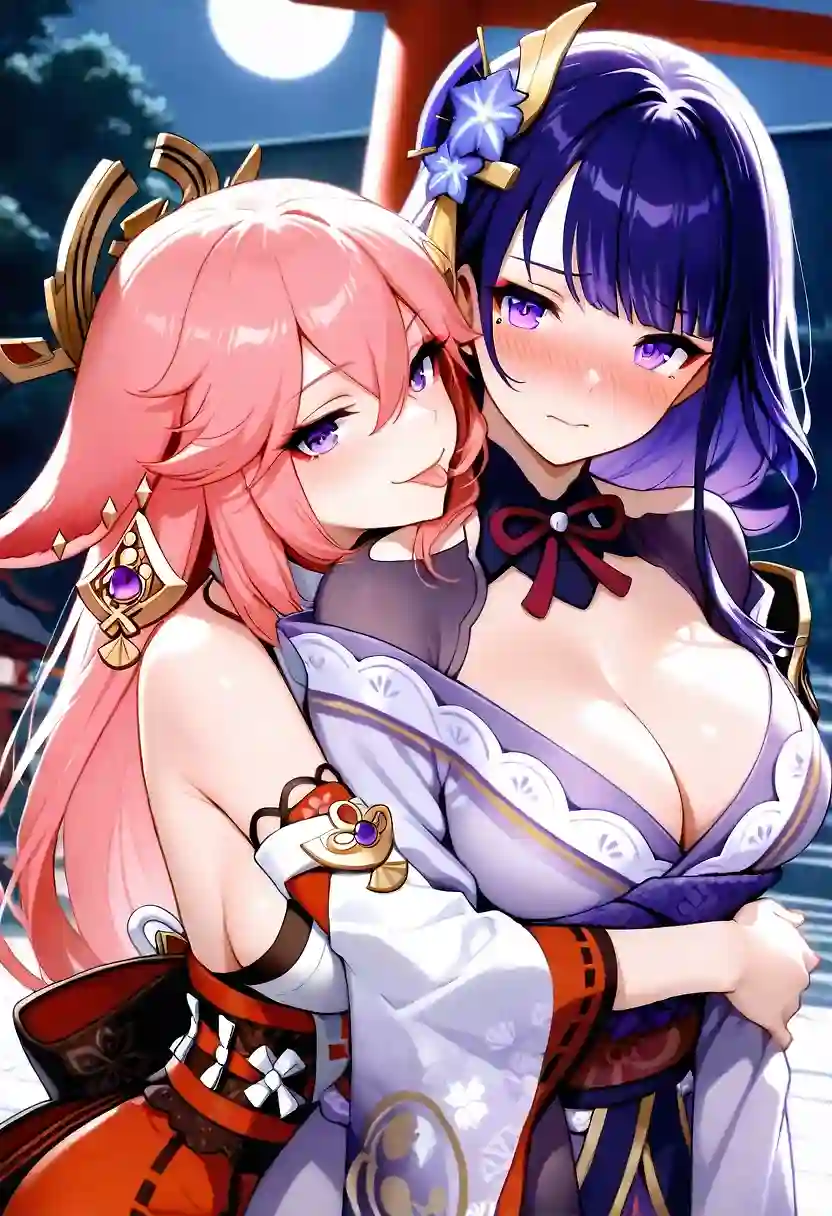 AI art 'Ei X Miko, "A long time friend whom is dear to me for more centuries to come, for eternity."' with user description '(Grand Narukami Shrine, Inazuma) 
Fictional side story: 
"It has only been awhile since peace was restored, Ei, who has shut herself from the outside world in the plane of Euthymia, is still coming to terms and learning about the present day since stepping foot in Inazuma for the first time in over few hundred years. The traveller has moved on to venture the other regions of Teyvat, leaving Yae Miko, Ei's bestie who is also the mischievous head priestess of Grand Narukami shrine to guide her in the ways of the world. What could possibly happen between socially awkward  Ei and a playful and teasing Miko??

Scene 1
Miko happily hugs an unsuspecting Ei from behind:
Miko: "Ei~~I got you ❤️"
Ei, clearly embarrassed and surprised: "Miko..you are standing too close.."
Scene 2
(Miko in front of Ei)
Miko:"I don't care! Also..you smell really nice..❤️"
Ei, flustered and thinking to herself: "Miko..I..can't handle her. Sigh"
Scene 3
(Miko behind a helpless and flustered Ei)
Miko: "Let's go, let's go!"
Ei, holding on to her clothes: "Again??!  Miko! Watch your hands!! Arggh! Miko...."
Scene 4 
(Flashback of what happened the night before)
Miko teased: "I have no idea you were so passionate in this aspect, Ei. I was fooled by you."
Ei, embarrassed but happy, whispers : "It is only possible because of you, I trusted myself to you and I know you would not betray me. Past centuries are a testament to our unwavering bond, Miko, would you... continue to hold my hand?"
Miko paused and in a soft voice: "Oh? What a foolish question, little Ei.. Gladly, for all eternity, we will be together."

And hence they are together happily ever after XD

Notes: Personally I am not into yuri and this is my first time trying out. TBH, Raiden Shogun is my favorite character in the series and Yae Miko, being someone she trust so much and a long standing friend is the only character in my head canon that I will pair with if I were to do such a setting. 
Most of my images are Raiden centered snd NSFW, I do like the different themes, yes arousing and erotic to me, but I really enjoyed making this Eimiko theme as it's the only one that gives me fluff and aww so sweet in my heart though the buildup is slow.  (Yes I know it sounds cringe, whatever)
Personally, I am going through a difficult phase in life with financial security and doubtful future, well, everyone has their own life's battle to fight eh? 
I am happy to have come across this site so I had a chance to generate both SFW and NSFW images of my favorite character. It certainly also makes me happier and less stressed a little when I was working on this. Though, come to think of it, I hope it doesn't ends up too much like work because of min maxing and optimizing. I still prefer it to be enjoyable, stress free and not a tedious process to generate images that I like. 

I can only hope that I do not receive any hateful comments (if any at all) lol, I do like to browse what other users have created and sometimes inspired by them, of course everyone is different and I respect their kinks even if it may not be my kind of thing :).

Lastly, I wish you good day, though I doubt anyone would read all these, but color me surprised if you did!'