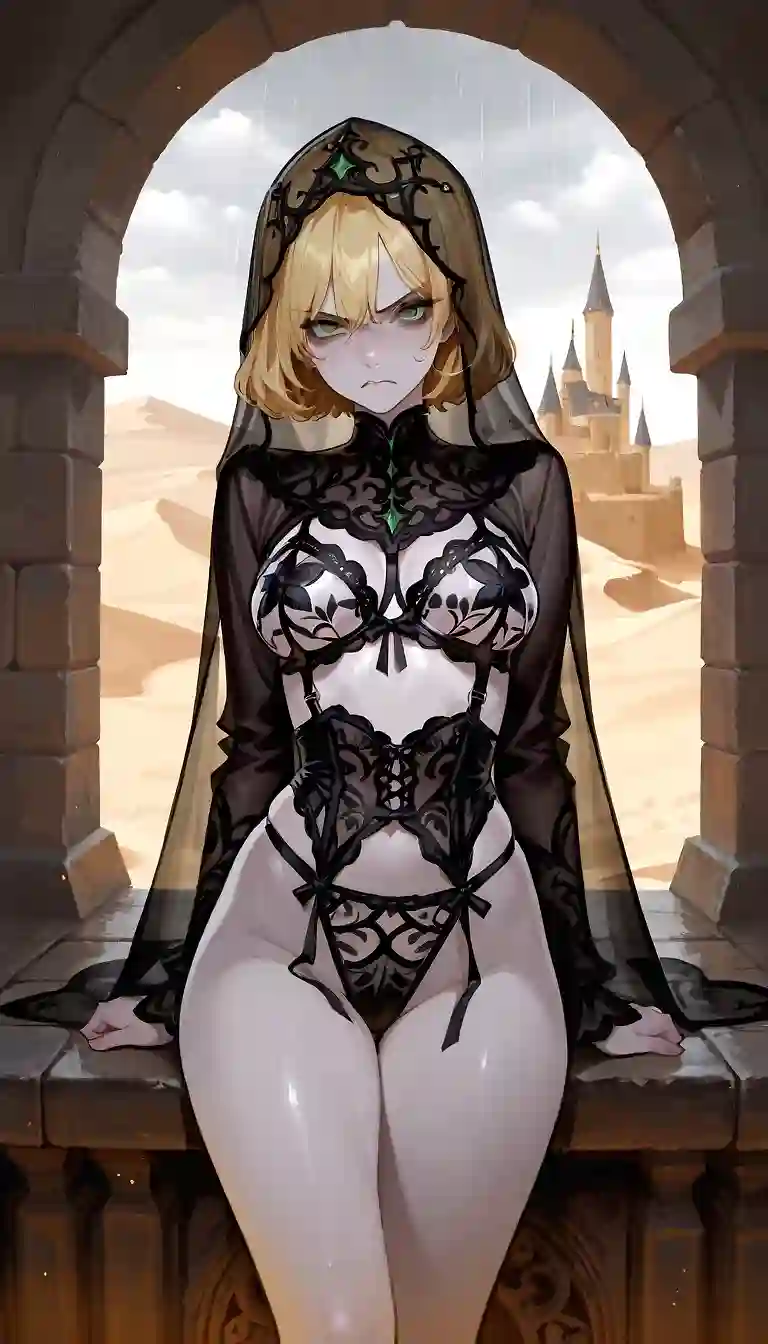 AI art 'Dune Bene Gesserit' with user description 'A Bene Gesserit girl is sent as an advisor to the nobleman who rules Dune at that time... Besides being attractive, she must prove herself to the nobleman... "What's in the box?" the nobleman asks. "Pleasure," she replies.'