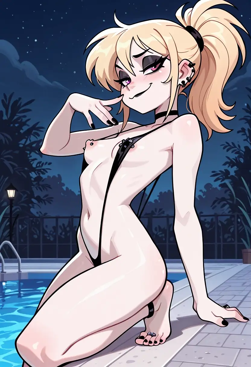 AI art "Pale passion - Cassie by the pool"