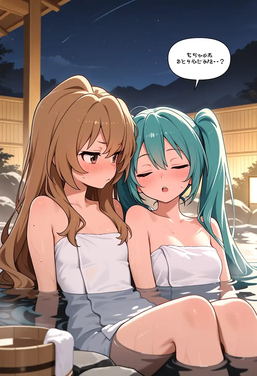 AI art 'Onsen Fun' with user description 'Miku and Taiga visits onsen and have some girl fun...'