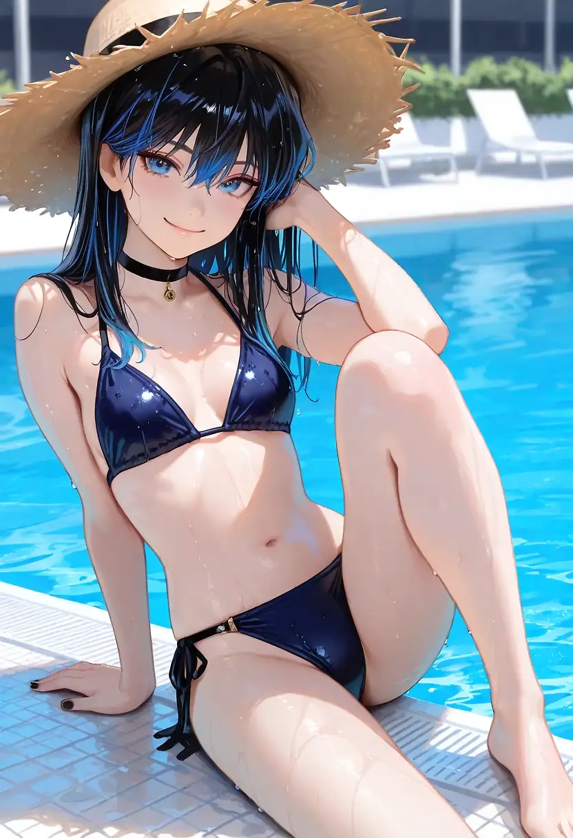 AI art 'Late to the party' with user description 'Anara's a little late to @octavian 's pool party. 
She needed a little time to prepare herself (Because work was busy)

She's happy to join in and have some fun with everyone in the water.
And she hopes everyone sees her as a mature beauty (Because we all know she really isn't mature at all ;)).'