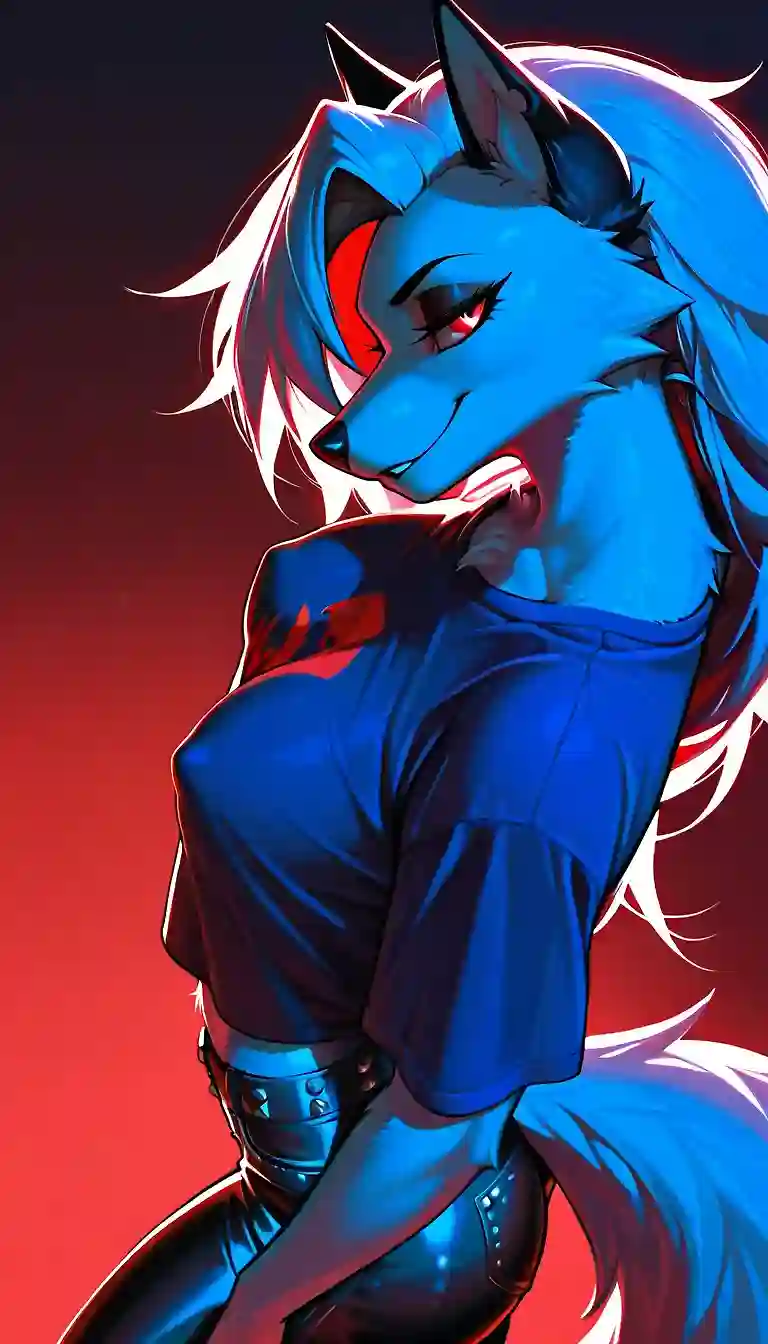 AI art for prompt: '{Loona_helovaboss}, hellhound, canine ears, furry female, fur tuft, red iris, white pupil, white fur, medium pointy breasts apart, covered nipples, clothing silhouette,teeshirt, oversized shirt, taut studded leather pants, seductive smirk, seductive pose, from above, from side, dramatic lighting, backlighting, edge lighting'