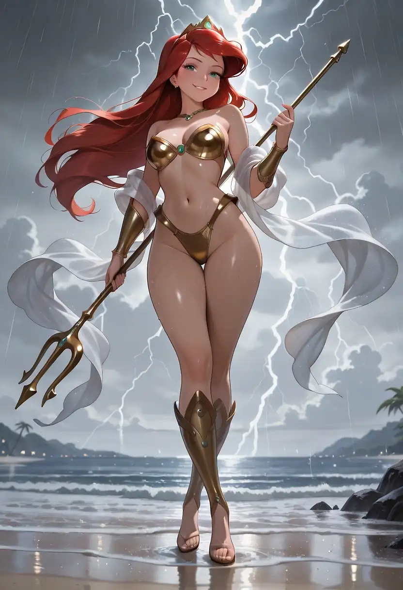 AI art 'Wrath of the Princesses 1 - Ariel' with user description 'The depths of the ocean were silent, heavy, and intimate.

Ariel moved through the glowing kelp forest, her long, fiery red hair floated around her naked body in silken waves, brushing against her breasts and the curve of her hips.

The water caressed her like a lover—she had always loved this feeling. Tonight, it felt like foreplay before violence.

She reached the hidden coral vault where the Sea King’s relics waited. With a flick of her wrist, the enchanted clamshell doors opened. Inside lay her armor.

Ariel ran her fingers along the cold metal, feeling it warm to her touch. She smiled, sharp and hungry.
Last, she took the trident.

The weapon hummed with ancient power as her webbed fingers closed around its shaft. She spun it once, cutting the water with a low thrum that sent schools of fish fleeing in terror.

“Time to play,” she whispered, voice distorted beautifully underwater.

With a surge of her power, Ariel shot upward.
She broke the surface at the exact moment the sun kissed the horizon. The beach was empty—pristine white sand stretching toward the distance. Perfect.

Saltwater streamed down her body, tracing the deep valley between her breasts, sliding over the muscles of her stomach, and dripping from the hem of her scandalously short armored skirt. 

She tilted her head back, eyes glowing an unnatural aquamarine. Then she activated her water magic.
The sea answered with savage joy.

She threw her head back and screamed into the tempest, voice carrying over the thunder with raw, seductive power:

“I am Ariel, daughter of the sea!
The tides rise for me.
The lightning bends to me.
Come, sisters…
Come and drown with me!”

The massive storm rolled toward the ruined coliseum like a living thing—rain turning the ground to mud, wind tearing at distant banners, lightning promising that the first blood of the war would be drawn in water and fury.

Ariel lowered the trident, a dark, aroused smile curving her lips as rain streamed down her face and between her breasts.

The war had begun.'