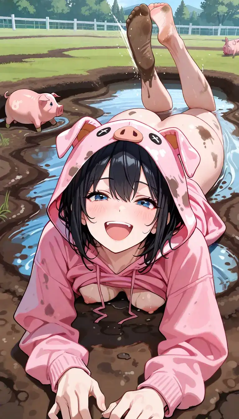 AI art 'Pig Farm IV' with user description 'The girl who likes pigs... is a pig 🐷😏'