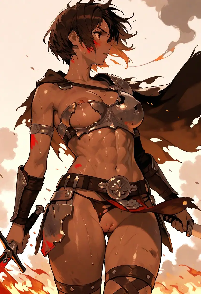 AI art '"The battle is over"' with user description 'Another victory for General Leonidass. She walks amongst the corpses of their enemy on the battle field. 
- “Gather round!!!!!” She yells to her warriors. “Grab your spoils and let’s go back home to our men!!!”
- “AROOOO!!” All the Spardan Girls yell victorious.'