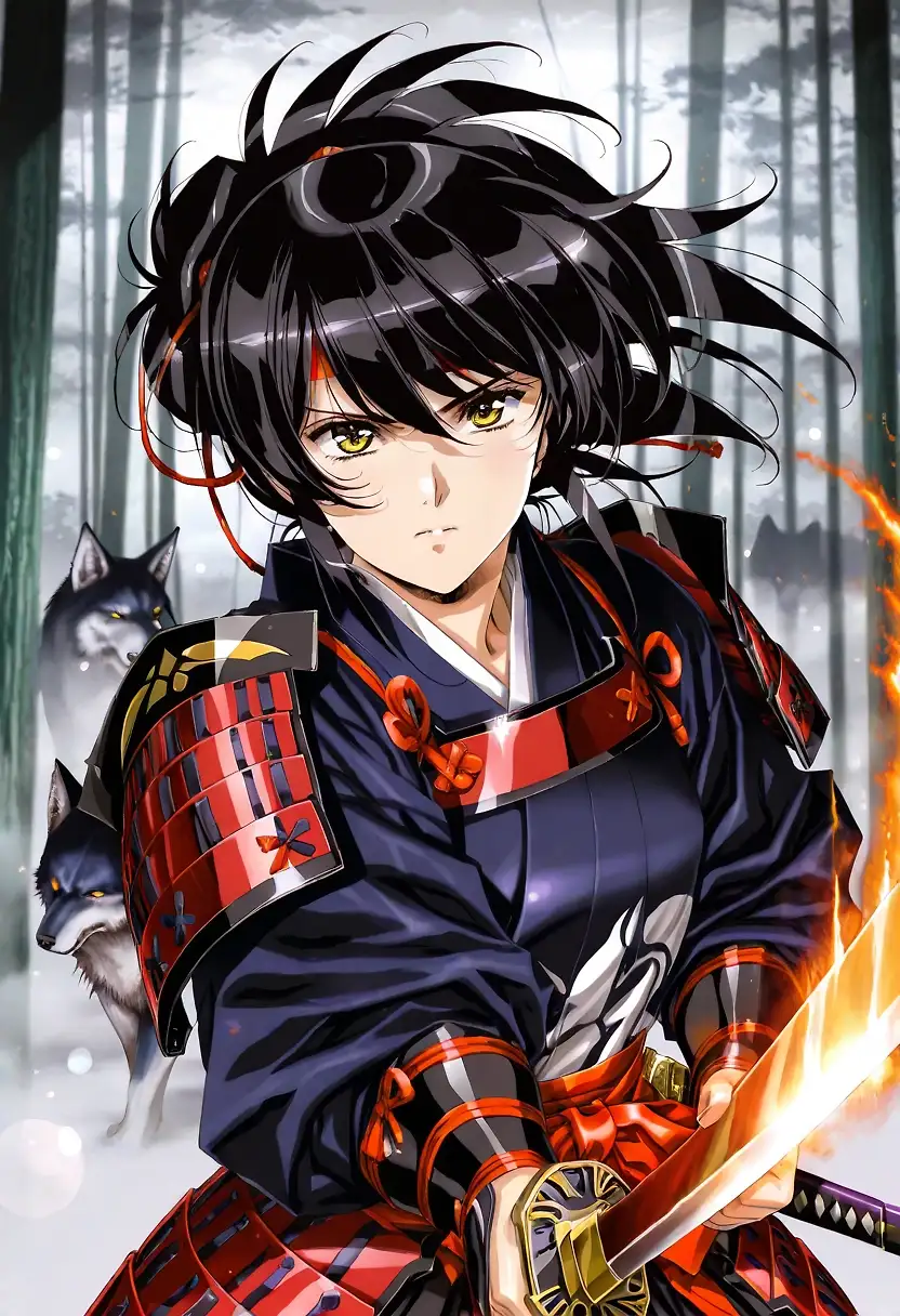AI art 'Yohko holds the line.' with user description 'Rain and Thunder the preleude to things that will come. The trees bend with the wind that carries their leaves away. What I would give to see the cherry blossoms once more.They all have even fallen, fog rises from the ground where their bodies lie. Damn you count Nobunaga your thirst of power brought us here. They coming i can feel the changing flow of the spirits. I draw my katana and wolf spirit that dwells within it wakes. Okuriōkami guide my soul that I bring no disgrace upon my ancestors.'