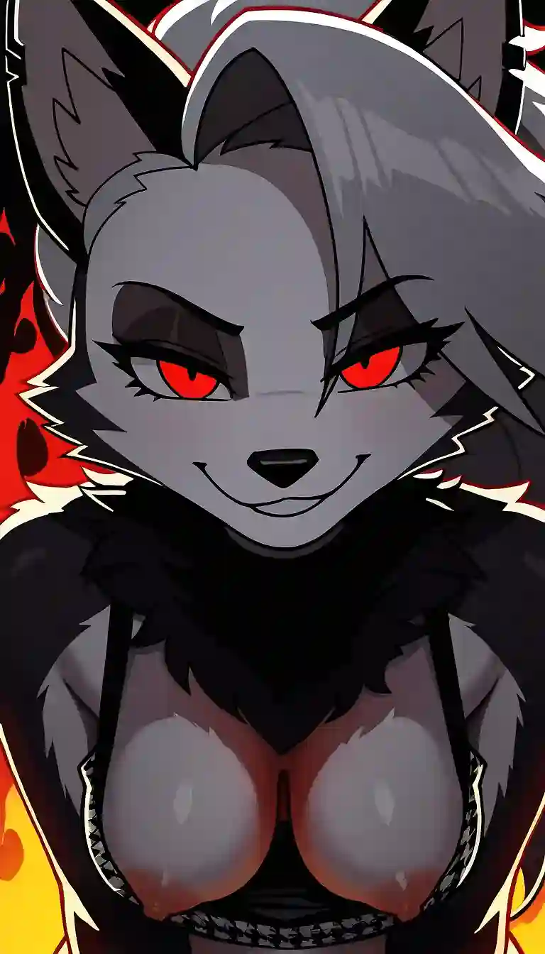 AI art for prompt: 'Loona (hellofaboss), furry hellhound loona, very dark lighting, strong yellow backlighting, dark shadows, orange flame aura, dark red atmosphereic lighting, edge lighting, underexposed, chest fur tuf, naughty face 

BREAK extended Downblouse, looking at viewer, small pointy breasts out, loose houndstooth crop top , aroused, in heat, implied cunnilingus, nipples masterpiece'