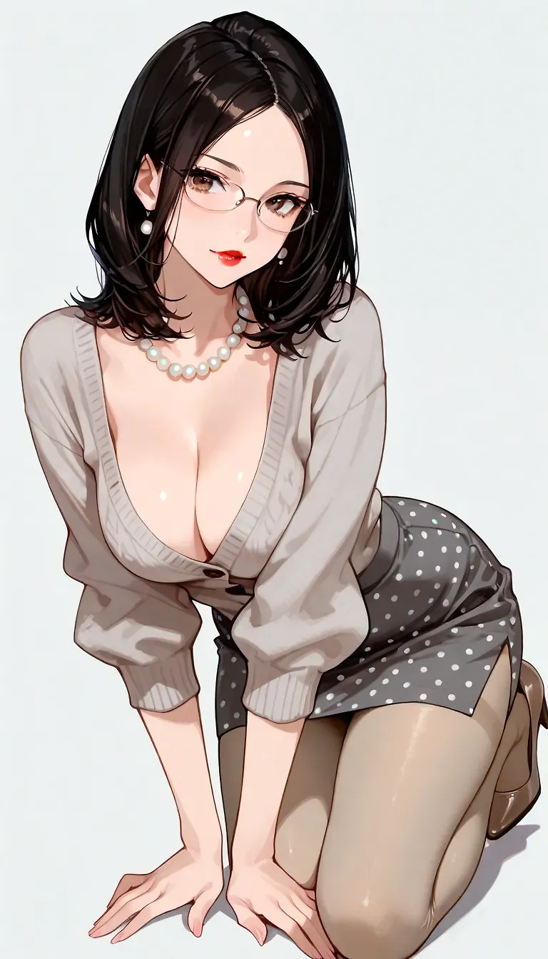 AI art "Glasses & pantyhose (2)" for prompt: "1Milf, slim, solo, breasts, cleavage, black hair, medium hair, no bangs, brown eyes, glasses, red lips, light gray cardigan, gray polka dot a line skirt, beige pantyhose, dark brown heels, accessorized with a pearl necklace"