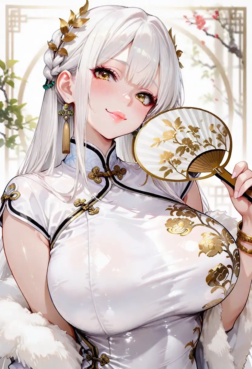 AI art 'Chinese Dress' with user description 'Learned that fur thing is called 'stole' and not 'long white fur scarf around arms''