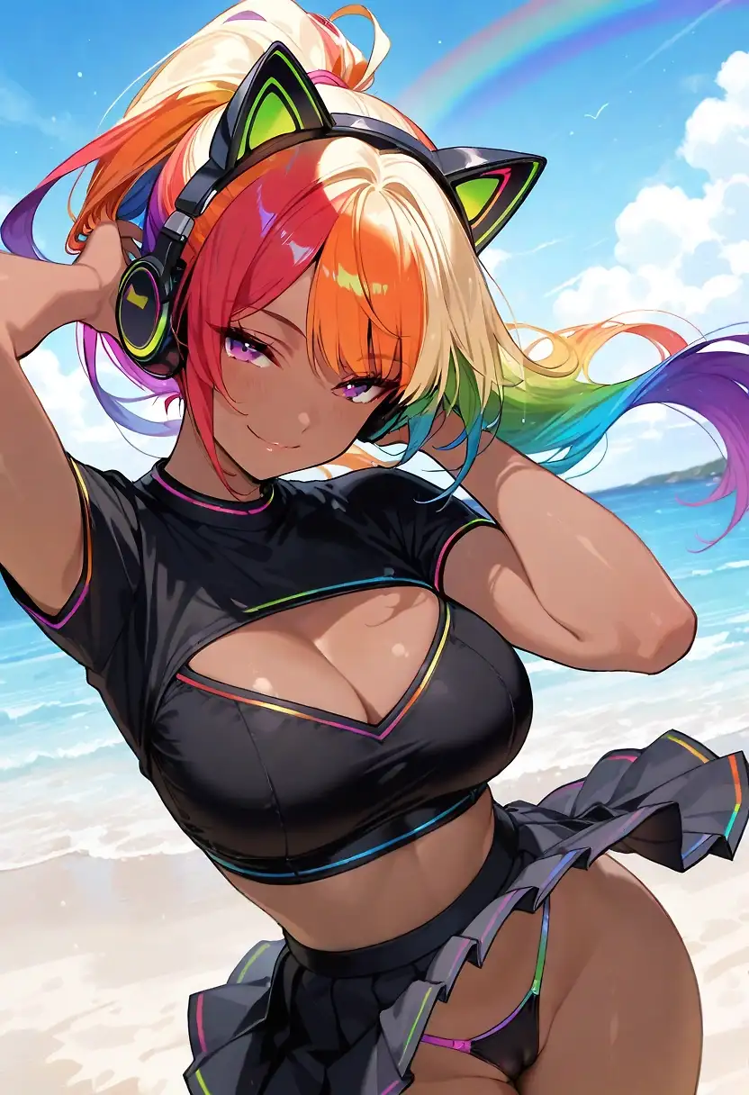 AI art "Megan Rainbow : chill at beach 2"