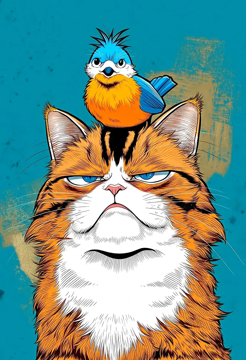 Grumpy cat and cheeky bird