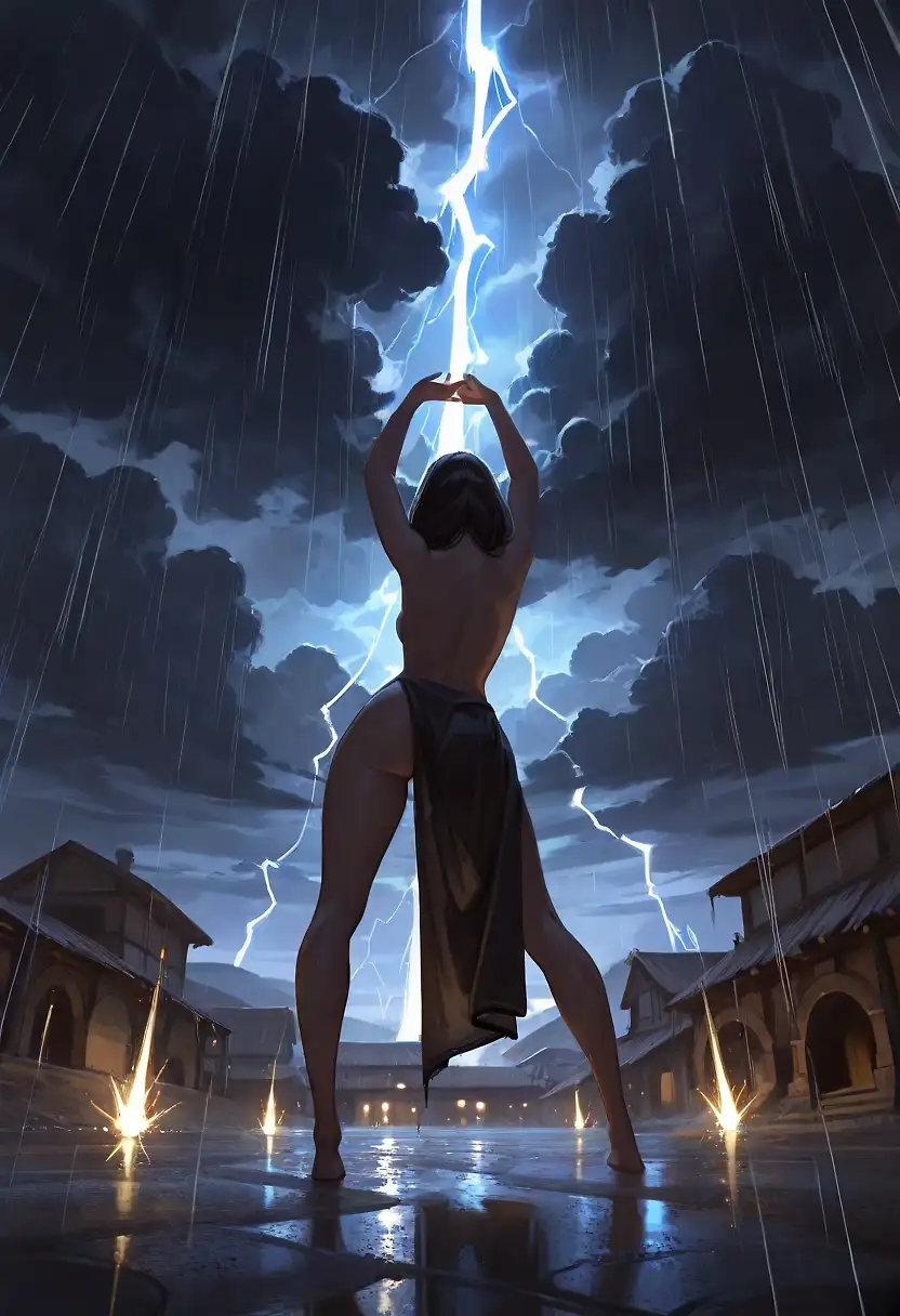 AI art 'Electra Is Angry' with user description 'Electra, the ancient Greek storm goddess, is angry with a village in Corinth. She feels the villagers don't sufficiently respect her and her abilities. She descends from Mount Olympus in human form, stands facing the offending village, and unleashes her formidable powers...'
