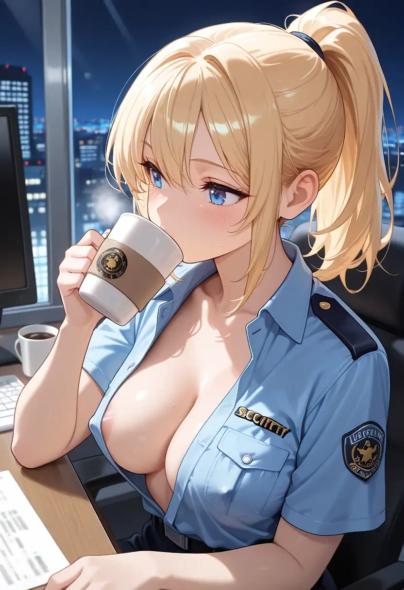 AI art 'Friday Night Pondering' with user description 'It's late Friday night, and security officer Caitlin sits at her desk, enjoying a cup of coffee. She just finished making her rounds and is doing her necessary paperwork. Caitlin likes to ponder possibilities for herself. Should I get out of doing security? Should I see about enrolling in a community college? Should I make a real effort to find myself a life partner? Caitlin sighs, drinks some coffee, and continues doing paperwork.'