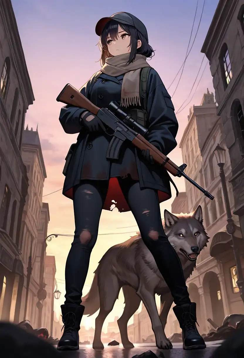 AI art 'Dusk Patrol' with user description 'The city, once a thriving metropolis, lies devastated by war. A plucky girl, armed with a rifle, goes out from her hiding place to look for food and supplies. She loves to read, so she also seeks books. The girl varies the times she goes through city neighborhoods, favoring early mornings and late afternoons. The girl occasionally hears distant gunfire, but has not encountered any enemy soldiers. Still, it pays to be vigilant and maintain awareness at all times...'
