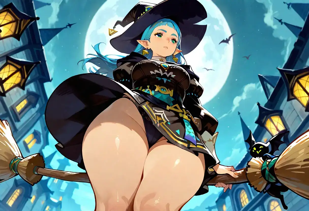 AI art 'Windy today' for prompt: 'Irene_(zelda), 1girl, blue_hair, pointy_ears, earrings, witch_hat, black_dress thick_thighs, chubby, witch, broom_riding, view_from_below, upskirt, elaborate_background, detailed_background, bright, masterpiece'