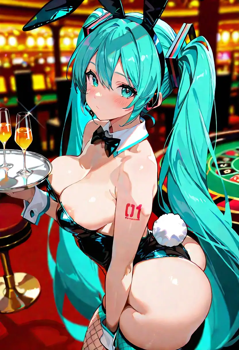 AI art 'Miku Bunny Girl' with user description 'The sexy Hatsune Miku, dressed in an ultra-revealing "bunny" outfit, plays the role of a personal bunny waitress at an upscale casino. Her huge breasts are practically spilling out of her tight black latex outfit, and her firm butt in tiny panties and fishnet stockings is on full display. The “looking back” pose accentuates every curve of her body. Her sultry, inviting gaze, light blush, and glistening sheen on her skin make her the very embodiment of nocturnal seduction.'