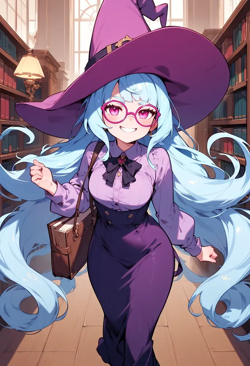 AI art 'Parallel Runies' with user description 'Same prompt (Runie walking in a library with a smug grin) across a bunch of different models.  Just a little style experiment.'