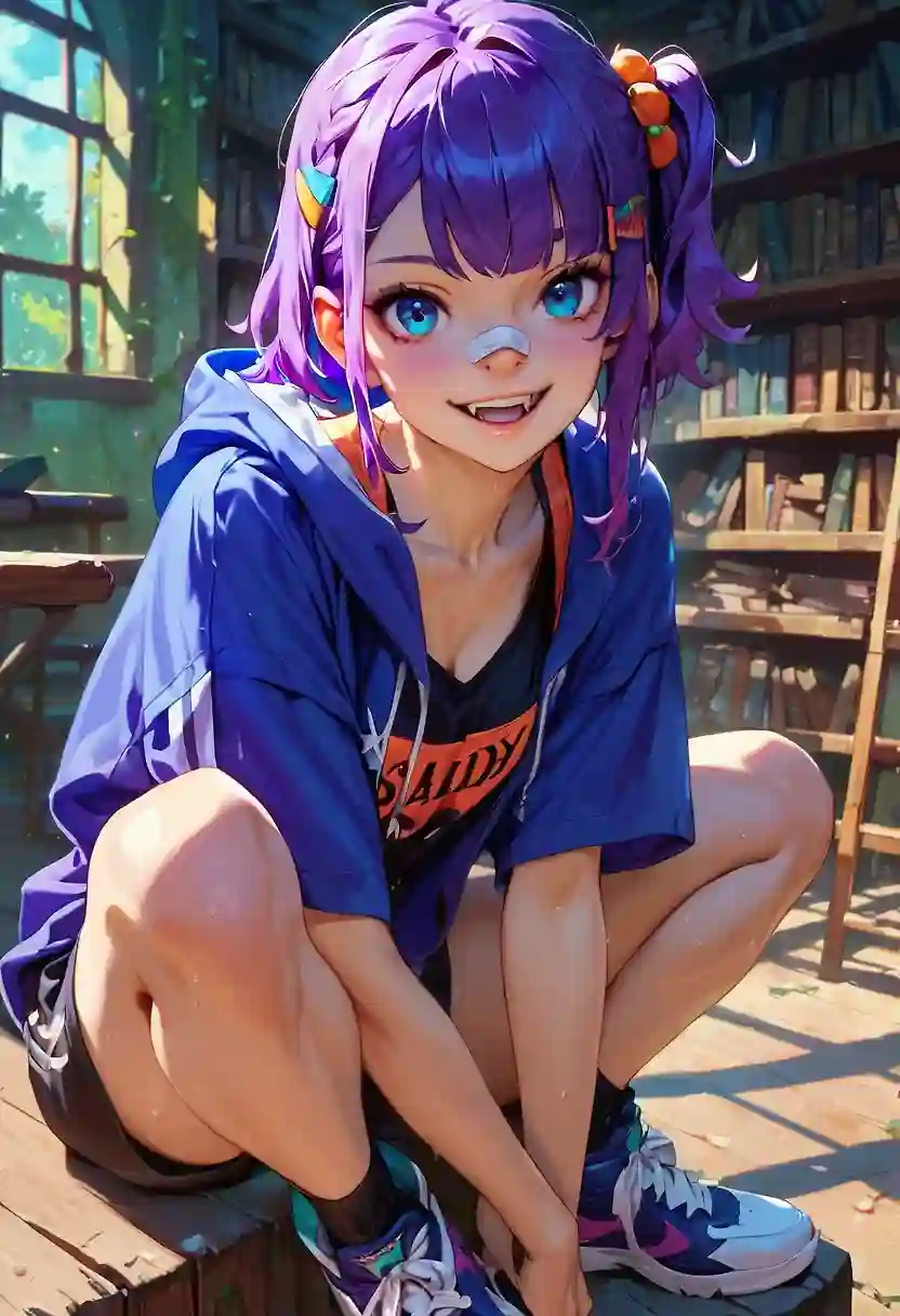 AI art 'Neli.' with user description 'Neli, the lover of vampires and the horror genre, a sporty girl who fears nothing and is very brave, seeks the thrill of terror and gets energized in the scariest places, even offering to go first where there are more shadows. - Her love for vampires, zombies, and the horror genre makes her venture into the most dangerous places; she surely knows all the clichés of the genre and uses them to prepare the group. The little bandage on her nose and her sporty posture suggest that she is not afraid of scratches or bumps from getting into risky situations, and she is always ready to help others if something goes wrong.'