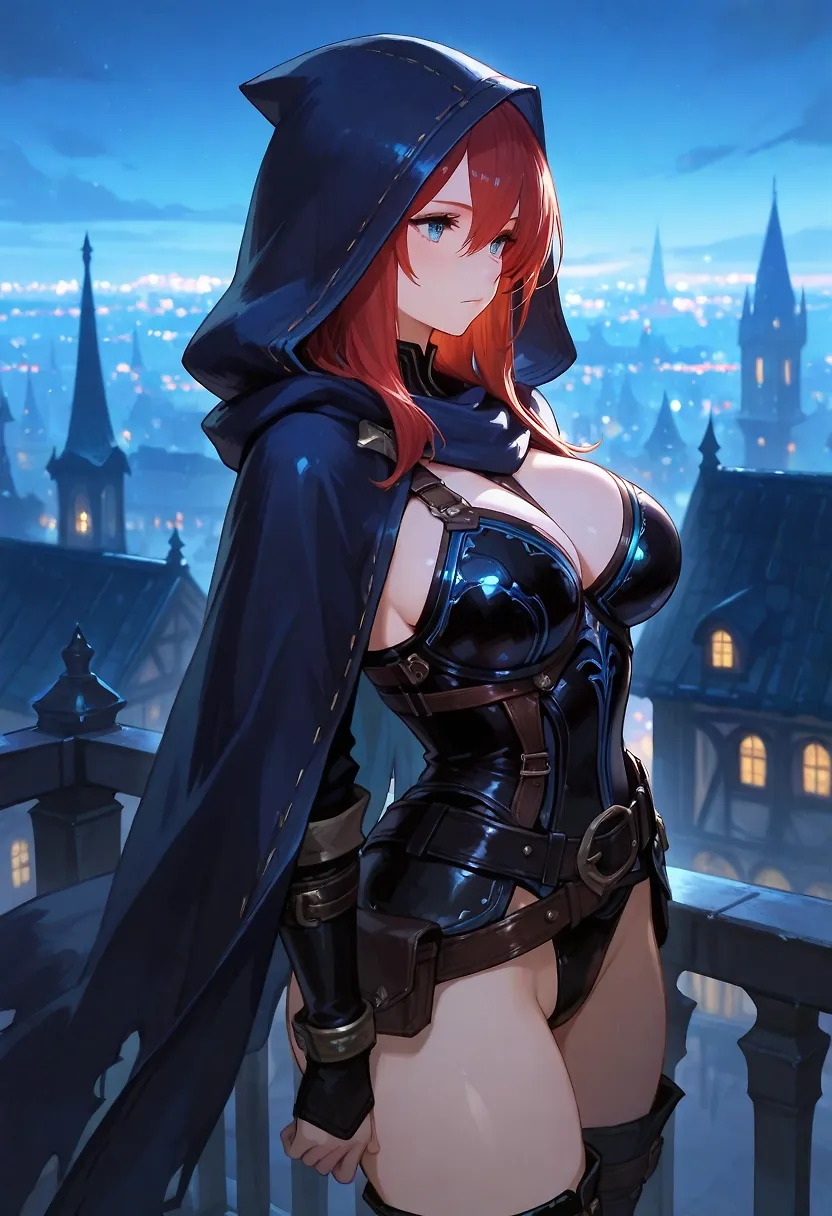 AI art "A Rogue Stands Ready" with user description "Oraya stands on a rooftop, ready to carry out her first assignment as a newly minted member of the Rogues' Guild. The job calls for stealth and finesse, cool nerves, and a steady hand. Oraya has made several practice runs and feels confident she will succeed. The city of Port Meredith will never be the same..."