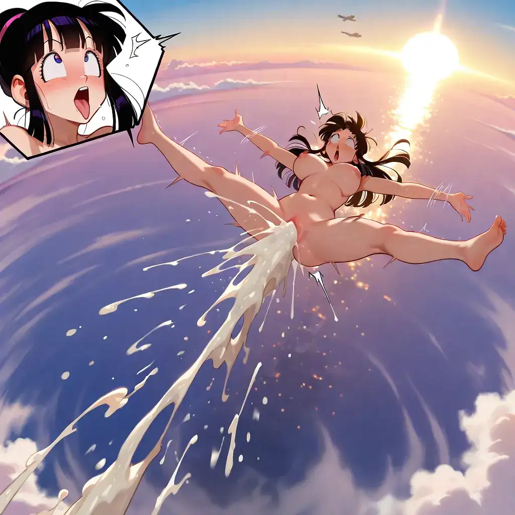 AI art 'Cume hame ha' for prompt: 'Excessive cum, 1girl, Chi-Chi (Dragonball), nude full body, aerial view, spread legs spread arms, flailing, ahegao, surprised expression, scared, comical, flying upward, propelled by gigantic cumshot, sky exaggerated pose, close-up face in inset'