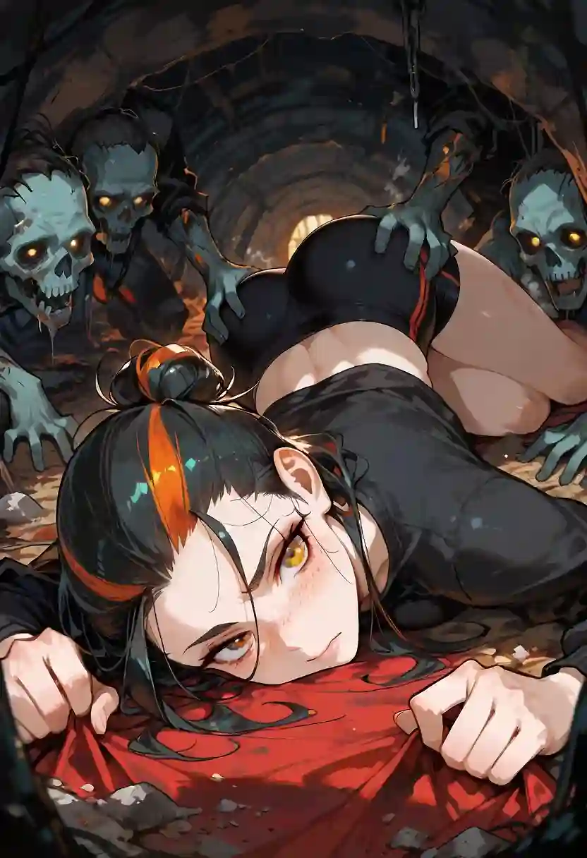 AI art 'Chapter #02: The Cemetery of the Living. Part 3.' with user description 'Suddenly, a loud noise is heard in the cemetery; the dead begin to rise from their graves. The girls try to escape, but a black hand grabs Alison and drags her away. Mireya lets her guard down and is surrounded by zombies, who capture her and throw her into an open grave. Some of them follow her in, tearing her clothes as they do so. She manages to climb out of the grave but is attacked by more zombies.
I hope you’re enjoying the story, and thank you very much for reading.'