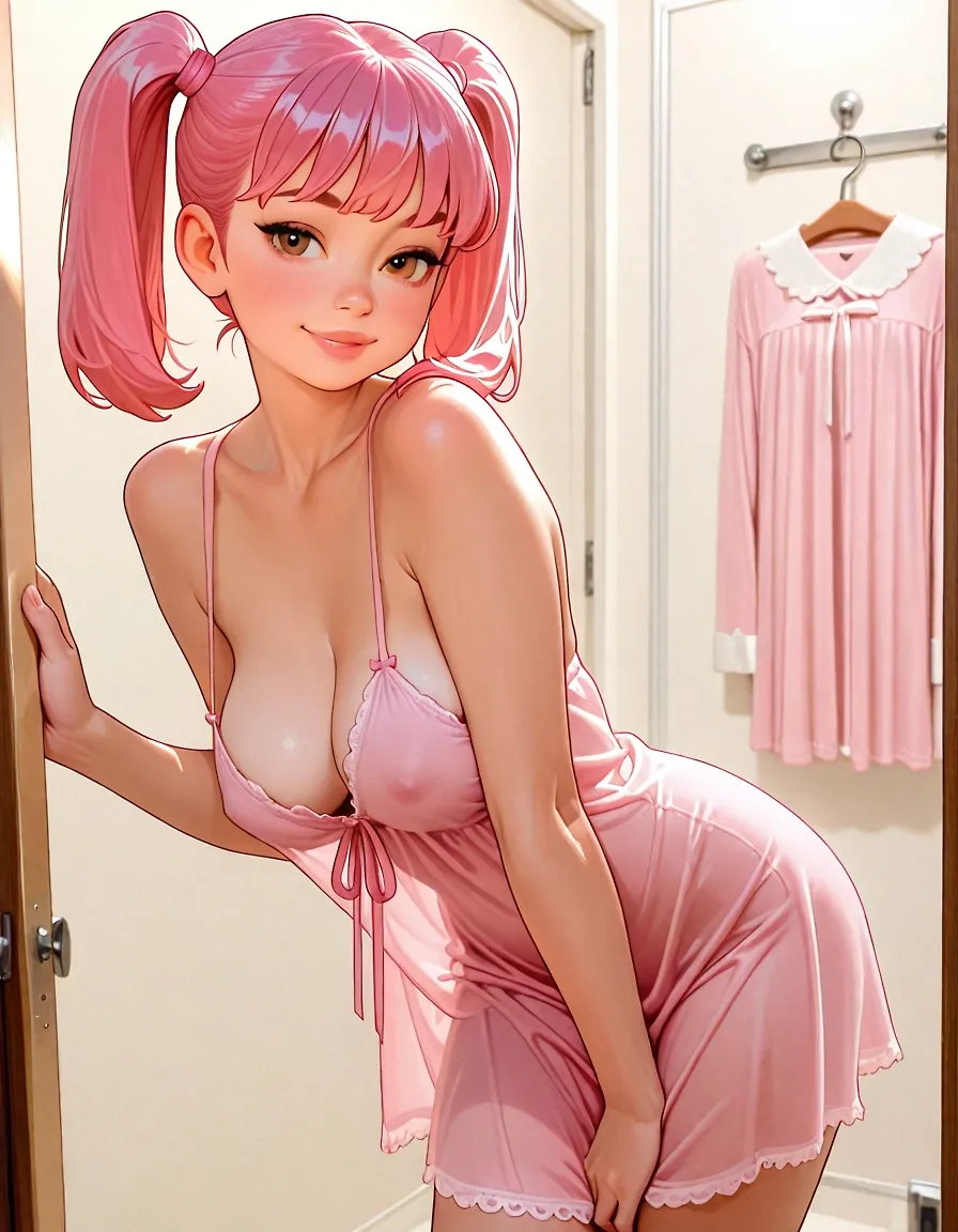 Pink haired cutie just trying something on...